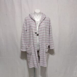 Victoria’s Secret Cozy Plush Hoodie Robe Small Gray Pink Striped Loungewear